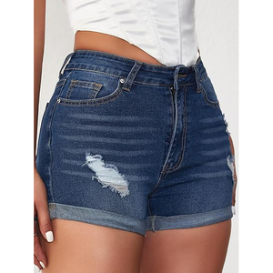 Shorts en jean déchirés à ourlet brut, poches arrière, délavage moyen, pour silhouettes généreuses, femme - Product Image 3