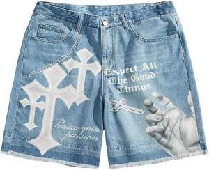 Customized Unisex High Rhinestone Ripped Distressed Denim <b>Shorts</b> Embroidery <b>Patches</b> Logo Formal Streetwear Unisex <b>Shorts</b> - Product Image 2