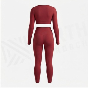 North Approach 2 Piece Yoga Set Full Length Solid Red Breathable High Waist Seamless Sportswear - Product Image 2