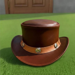 Premium quality custom made Handmade Brown Leather Top <b>Hat</b> Steampunk Western <b>Hat</b> with Concho <b>Band</b> - Product Image 4