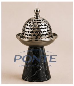 Natural Black Marble Base <b>Bakhoor</b> Burner Metal <b>Oud</b> Incense Censer With Intricate Jaali Lid For Home Hotel Ramadan Decor - Product Image 5