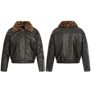 Men's Black Leather Jacket with <b>Leopard</b> Fur Collar Full Sleeve All Seasons Windproof Plus Size Breathable Style - Product Image 5