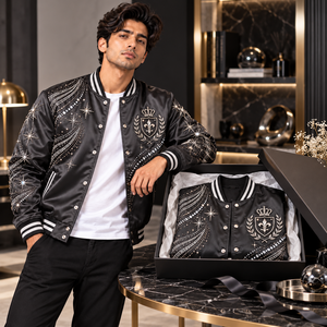 Chaqueta Premium de Satén con Pedrería para Hombre, Chaqueta Bomber con Diseño de Cristales Brillantes y Cuello Acanalado Cómodo para Uso Urbano - Product Image 5