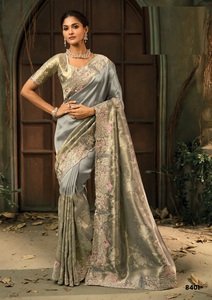 Sari de Seda Pura con Bordado, Estilo Étnico Indio, Suave, Elástico, para Todas las Temporadas - Product Image 2