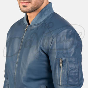 Blouson aviateur en cuir véritable bleu acier pour homme, coupe ajustée, style MA-1, avec poche utilitaire sur la manche et bordure côtelée - Product Image 1
