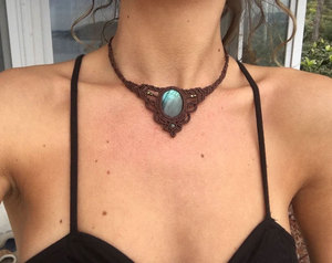 Vintage Copper Alloy Macrame <b>Choker</b> Necklace With Natural Oval Stone Bezel Setting Handmade Pendant Design Unisex Jewelry - Product Image 2