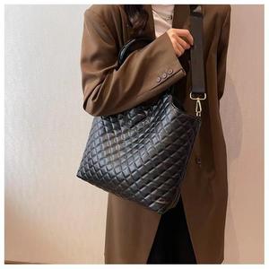 Women's Genuine Leather Quilted Diamond Lattice Tote Bag Open <b>Top</b> Closure Large Capacity Shoulder Strap Handbag for Business - Product Image 2