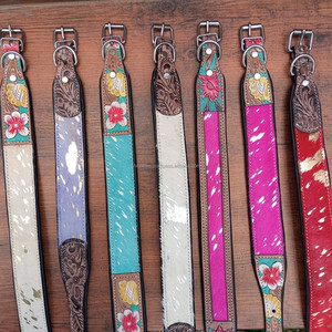 100% Natural Hair on Metallic Cowhide Branded Dog Collar Hand Tooled Western <b>Padded</b> Collar Engraved Genuine Leather Pet Collar - Product Image 4