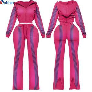 Conjunto de Sudadera con Capucha y Cremallera con Franja Lateral en Contraste y Logotipo Personalizado para Mujer, Pantalones Acampanados, Ropa Deportiva, Conjunto de Sudadera con Capucha, Ropa Urbana - Product Image 1