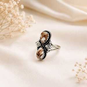 Bague en argent sterling 925 faite à la main avec deux pierres en turquoise cheval blanc, bijou fantaisie en pierre précieuse opaque, vente en gros - Product Image 6