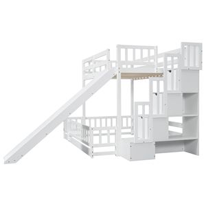 White Pine <b>Solid</b> <b>Wooden</b> Twin Over Full <b>Bunk</b> <b>Bed</b> with Slide Storage Staircase and Safety Guardrails Kids' <b>Beds</b> - Product Image 5