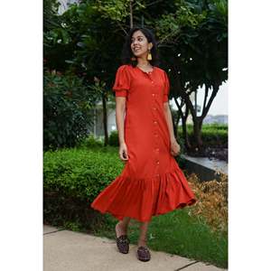 ชุดเดรสลำลองชิบุยสีแดงสนิม แบบเปิดด้านหน้า จับจีบ - Product Image 1