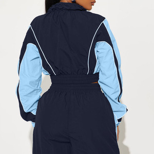 Ensemble de survêtement deux pièces pour femme, coupe ample, style sportif, avec veste et pantalon, à rayures bleu marine et blanc, color block, longueur intégrale, personnalisé - Product Image 2