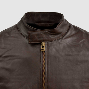 Chaqueta de cuero original de piel de oveja marrón oscuro para hombre, estilo casual de motero con cremallera, chaqueta de cuero de borrego para hombre, venta al por mayor. - Product Image 5