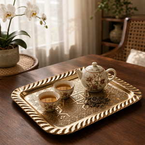 Elegante Bandeja de Servir de Latón con Patrón Floral, Metal Pulido, Acabado de Latón Pulido, Uso Residencial, Bandejas de Cocina para Té y Café - Product Image 1