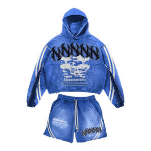 Custom Logo Streetwear Rhinestone Acid Wash Hoodie Heavy Cotton Screen Printing Sweatsuit Vintage Hoodies And Shorts Set For Men - Product Image 2