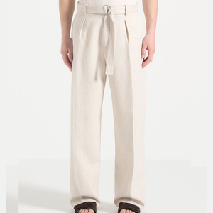 Men's High Waist Wide Leg Cotton Sweatpants <b>Belt</b> Pleated Front Plus Size Customizable All Seasons Lightweight Breathable <b>Elastic</b> - Product Image 1