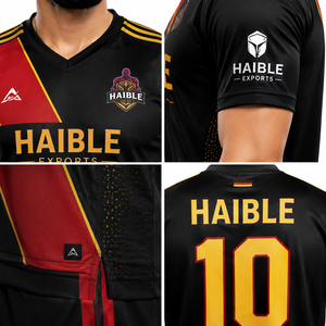 Maillot de handball personnalisé pour homme, séchage rapide, imprimé numériquement, col en V, coupe ajustée, noir et rouge, bande diagonale, poly-spandex extensible 200 GSM, pour équipe - Product Image 4