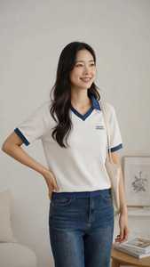 เสื้อโปโลแขนสั้นผู้หญิง คอวี คอปกสีตัดกัน สไตล์พรีปปี้ - Product Image 4