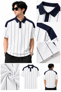 Polo a rayas verticales blancas y azul marino para hombre – Camiseta de manga corta informal para golf y sudaderas con capucha para hombre - Product Image 5