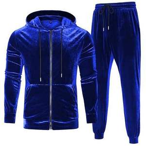 Men's Blue Velvet Tracksuit <b>Hooded</b> Full <b>Zip</b> Casual Sportswear Solid Color Side Pockets Midweight Autumn Wear - Product Image 2
