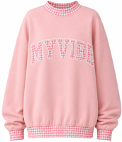 Pull personnalisé pour femme à col montant, motif pois et carreaux, avec appliqué, en molleton de coton oversize, style universitaire et scolaire, décontracté, pour l'hiver