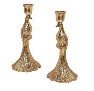 Juego de 2 Portavelas Decorativos de Hierro con Acabado Dorado, Diseño de Pavo Real, Estilo Tradicional Indio, Hechos a Mano, Duraderos para el Hogar - Product Image 1