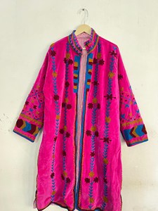 Bohemian Pink Floral Embroidered <b>Velvet</b> Suzani Long <b>Jacket</b> <b>Women</b> Stand Collar Full Sleeve Handmade Winter Wear - Product Image 2