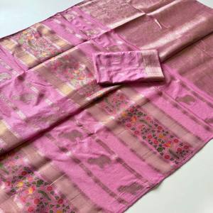 VASTRA COTTAGE Saree de Georgette de Viscosa de Tejido Chinya Puro con Jacquard Zari Dorado y Estampado Meenakari de Pavo Real y Elefante - Product Image 4