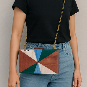 Pochette de soirée de luxe faite à la main en bois et résine, durable et écologique, avec incrustation géométrique, sac à bandoulière avec chaîne, logo personnalisé - Product Image 6