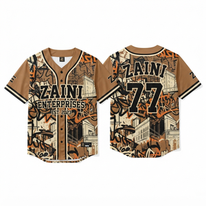 เสื้อเบสบอลชาย 180 GSM ผ้าอินเตอร์ล็อคพรีเมียม โพลีเอสเตอร์ 100% สีน้ำตาลเบจ ดำ พิมพ์ลายแบบซับลิเมชั่นเต็มตัว โลโก้แบบกำหนดเอง ชุดทีม OEM - Product Image 1