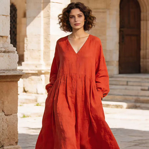 Robe longue ample bohème unie pour femme, manches longues, col en V, coupe fluide, idéale pour l'été - Product Image 1