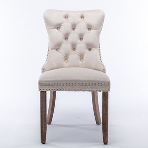 Ensemble de 2 chaises de salle à manger modernes rembourrées en velours, pieds en bois massif avec garniture cloutée, beige - Product Image 5