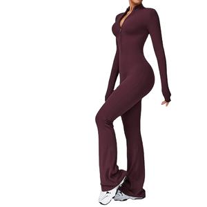Ensemble de 2 pièces pour femmes, soutien-gorge de sport de yoga à manches longues uni, sans couture, en spandex/nylon, taille en V, taille élastique, logo personnalisé - Product Image 2