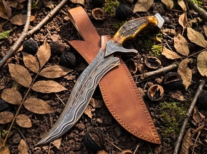 Couteau Bowie multifonctionnel d'extérieur en acier Damas fait main, manche en corne de cerf, lame fixe pleine longueur, services OEM A&M - Product Image 6