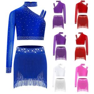 Vestidos de Danza Latina para Niñas de 6 a 16 Años, Traje de Competición, Top Corto Único con Flecos en la Parte Inferior para Recitales y Espectáculos - Product Image 1
