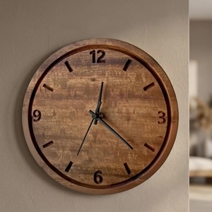 Horloge murale ronde en bois Art Déco faite à la main avec motif abstrait et géométrique, silencieuse, alimentée par piles, accessoire de décoration intérieure - Product Image 1