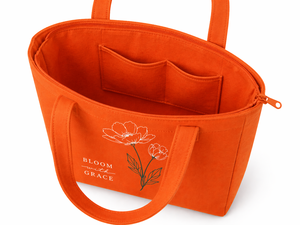 กระเป๋าผ้าแคนวาสสีส้มพิมพ์ลายดอกไม้พร้อมซิปปิด กระเป๋าช้อปปิ้ง - Product Image 4