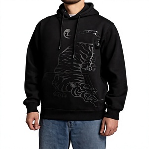 Sudadera con Capucha Negra para Hombre, Estampado de Tigre en Relieve, Tejido Informal, Corte Regular, para Otoño - Product Image 6