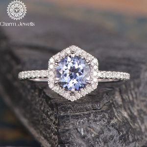 Bague de fiançailles Charm_Jewells en argent plaqué or rose avec moissanite, sertissage hexagonal pavé à griffes, certifiée IGI, classique pour femme - Product Image 5