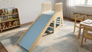 Wooden <b>Slide</b> For Kids Indoor Playset With Blue Surface And Stairs For Home Use - Product Image 1