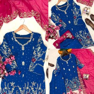 Conjunto Premium de Kurti y Palazzo de Georgette Bordado con Dupatta, Adornos de Lentejuelas, Zari y Pedrería Hechos a Mano para Mujer - Product Image 5