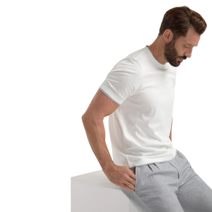 T-shirt en coton blanc pour homme, coupe ajustée, manches courtes, col rond, bordure contrastée, tricoté, couleur unie, décontracté - Product Image 1