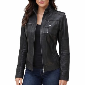 Veste en cuir noire slim fit pour femme, fermeture éclair, rembourrage en coton, imperméable, écologique, durable, style classique décontracté de qualité supérieure - Product Image 1