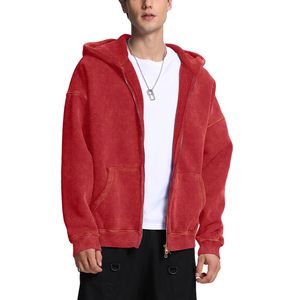 Sweat-shirt à capuche zippé surdimensionné pour homme en polaire rouge, couleur unie, tricoté, coupe classique, pour l'automne – Collection Homme : Sweats à capuche et sweats - Product Image 3