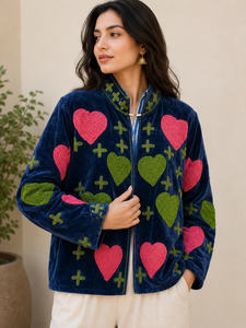 <b>Velvet</b> Embroidered Jacket <b>Women</b> Mandarin Collar Full Sleeve Heart Applique Autumn <b>Coat</b> Handmade Design - Product Image 1