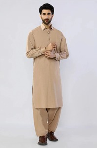 Men's Beige Cotton Kurta Long Sleeve Solid Color Regular Fit Casual Daily Wear <b>Ankle</b> Length Shirt Collar India Pakistan Style - Product Image 6