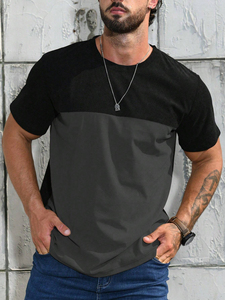 Men's Short Sleeve O-Neck Knitted T-Shirt Color Blocked Contrast Trim Regular Fit Casual Solid <b>Black</b> and Gray Cotton <b>Top</b> - Product Image 5