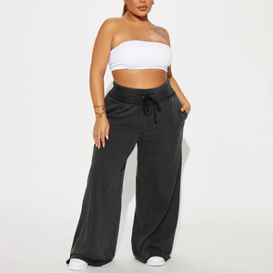 Pantalon de survêtement large taille haute avec cordon de serrage pour femme, coupe ample en molleton, décontracté - Product Image 1