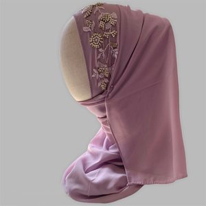 Handmade Embroidered Floral Hijab <b>Scarf</b> with Polyester Embroidery Stretchable Silk Headscarf for Women in Purple Beaded Sequin - Product Image 3